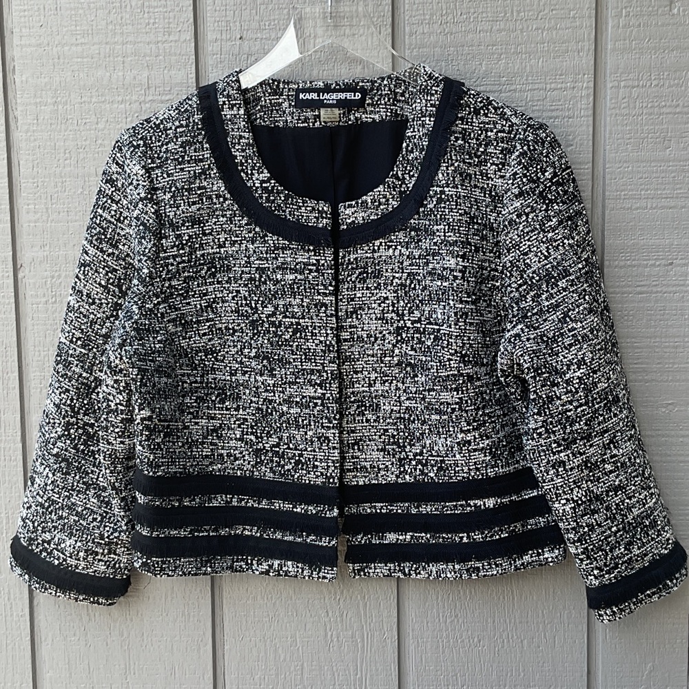 Karl Lagerfeld Paris Black & White Tweed Boxy Crop Jacket